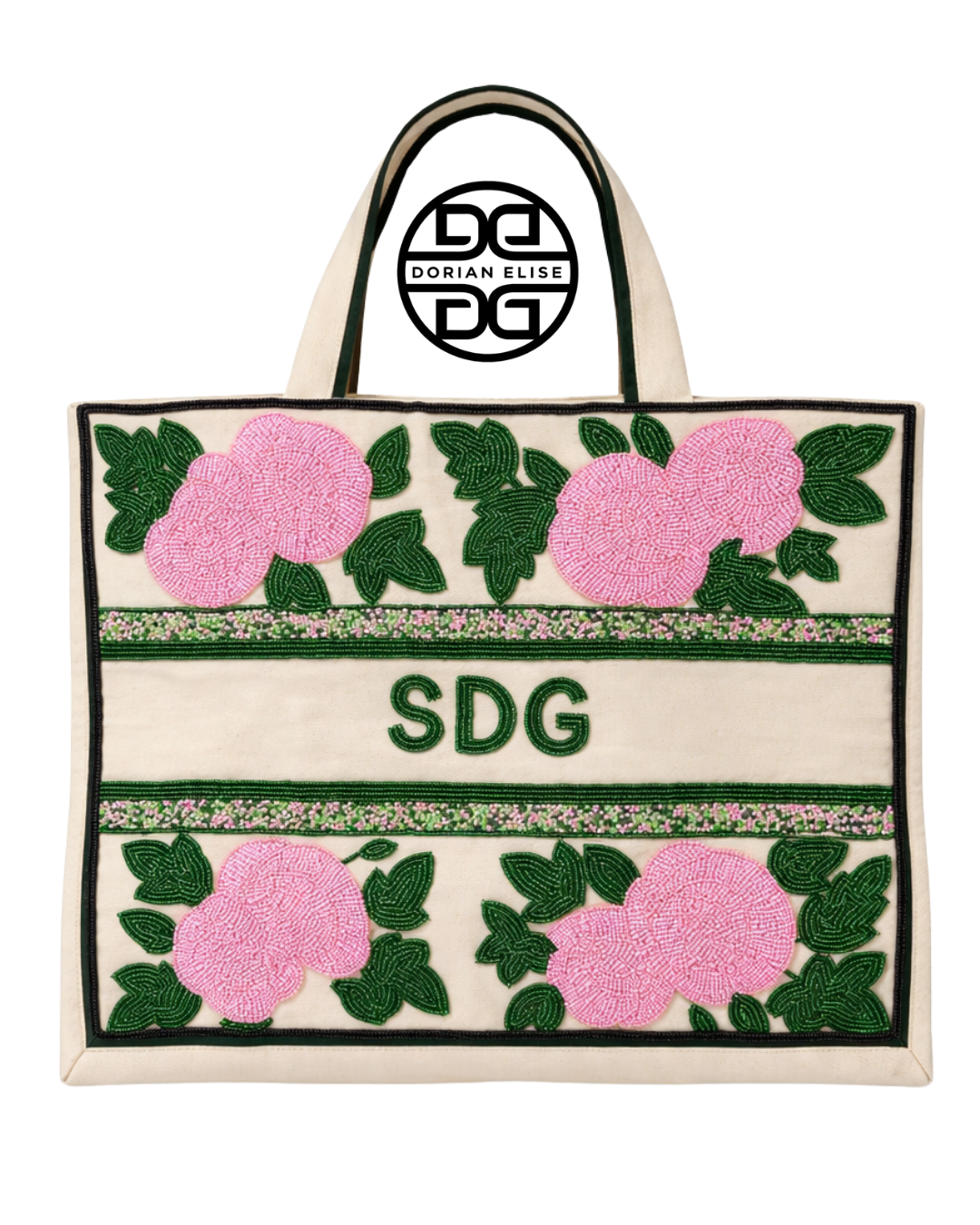 Customizable Ivy Leaf Pink and Green Beaded Tote Bag