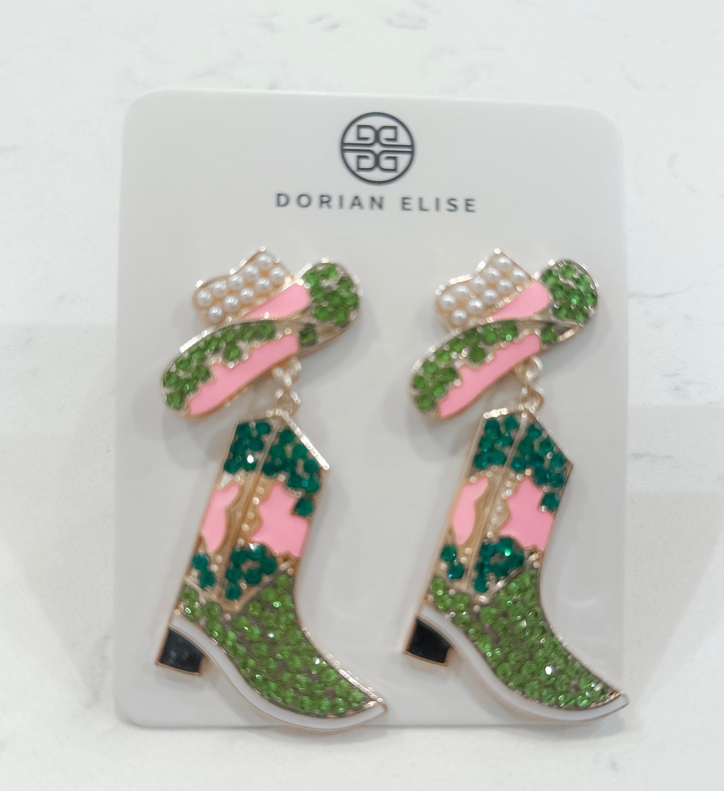 Rhinestone Cowgirl: Pink and Green Cowboy Boot Rodeo Earrings