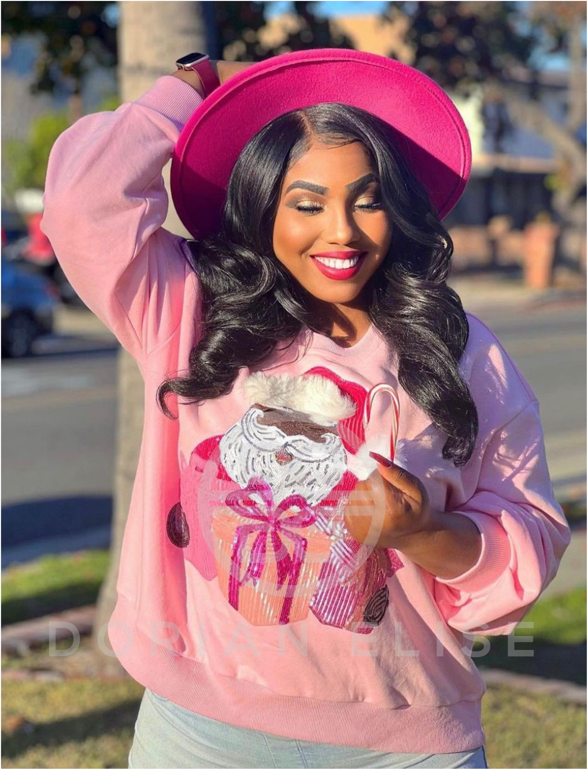 Cocoa Santa Sequin Luxe Women s Black Santa Sweatshirt