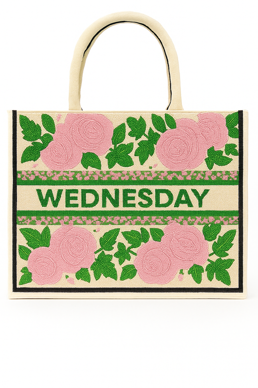 Customizable Ivy Leaf Pink and Green Beaded Tote Bag
