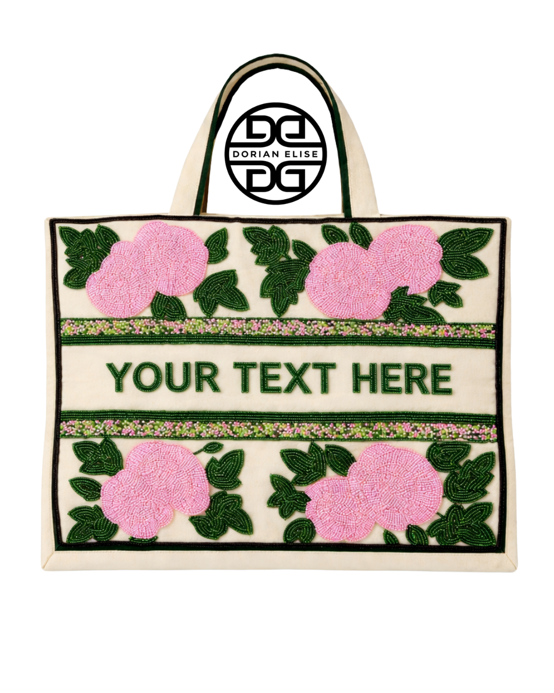 Customizable Ivy Leaf Pink and Green Beaded Tote Bag