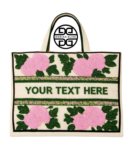 Customizable Ivy Leaf Pink and Green Beaded Tote Bag