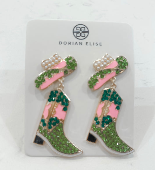 Rhinestone Cowgirl: Pink and Green Cowboy Boot Rodeo Earrings